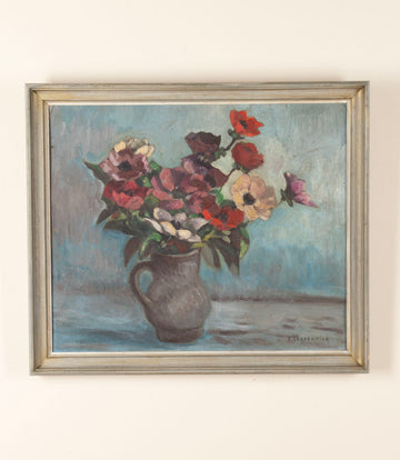 20th Century French Still Life Oil on Board Painting of Flowers in a Jug Signed E. Charpentier