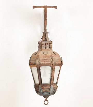 Late 19th Century French Tole Hanging Lantern with Wrought Iron Bracket