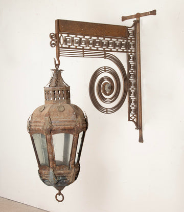 Late 19th Century French Tole Hanging Lantern with Wrought Iron Bracket