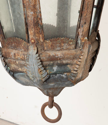 Late 19th Century French Tole Hanging Lantern with Wrought Iron Bracket
