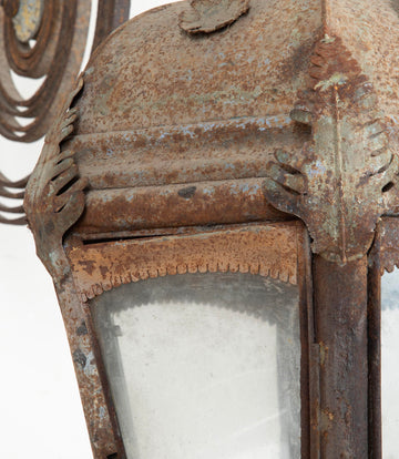 Late 19th Century French Tole Hanging Lantern with Wrought Iron Bracket