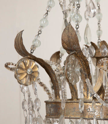 Late 19th Century Italian Tole, Glass and Rock Crystal Chandelier