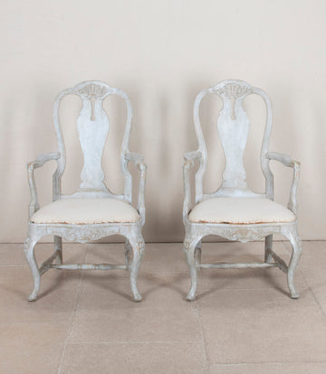 Pair of 19th Century Swedish Rococo Painted Open Armchairs