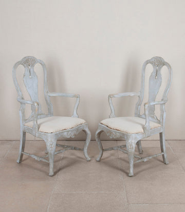 Pair of 19th Century Swedish Rococo Painted Open Armchairs