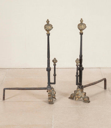 Pair of Early 19th Century Dutch Brass and Iron Fire Dogs