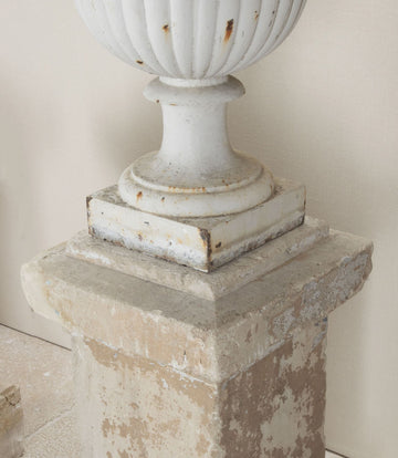 Set of Four 19th Century French Cast Iron Urns on 19th C Stone Plinths