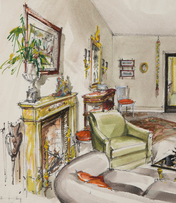 Set of Three Mid-Century French Interior Design Sketches